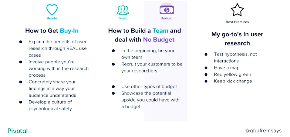 Talk takeaways: how to get buy-in, build a team with no budget, and user research best practices
