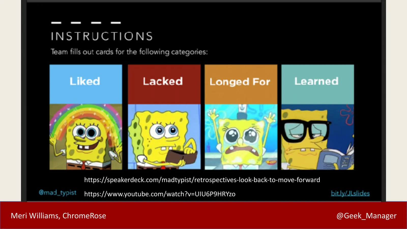Retrospective card categories Liked, Lacked, Longed For and Learned illustrated with SpongeBob memes
