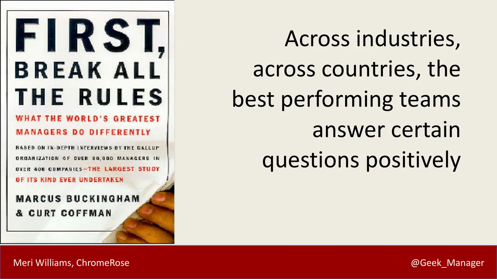 Slide with 'First, Break All The Rules' book cover: the best-performing teams answer certain questions positively