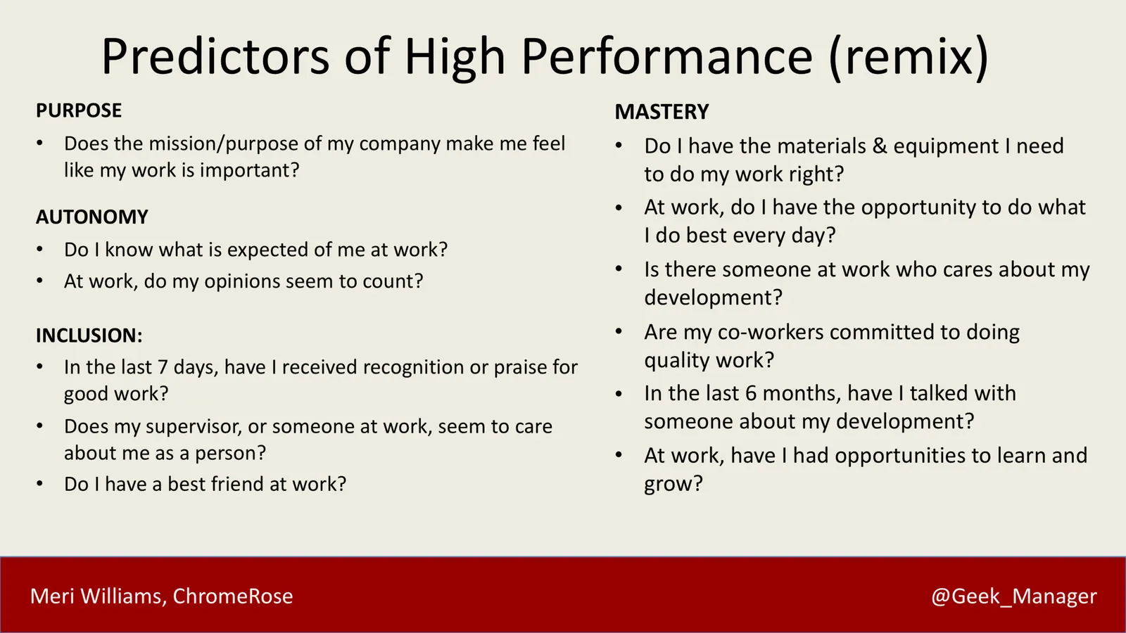 Predictors of High Performance slide grouping questions under Purpose, Autonomy, Inclusion and Mastery