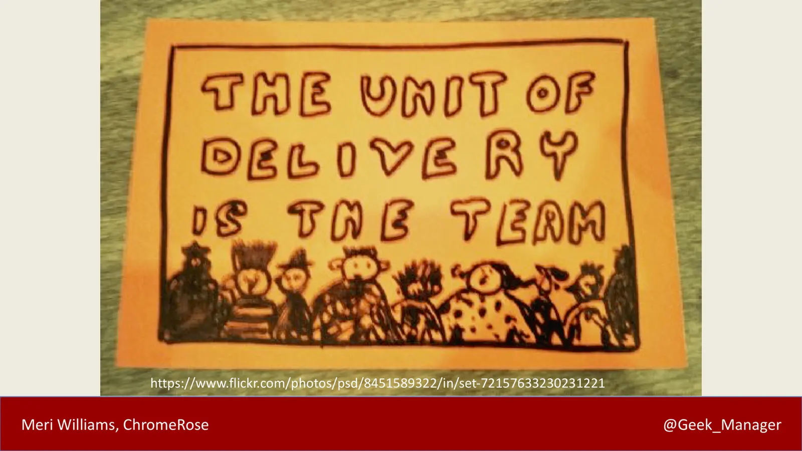 Hand-drawn note reading 'The unit of delivery is the team' above a sketch of diverse team members