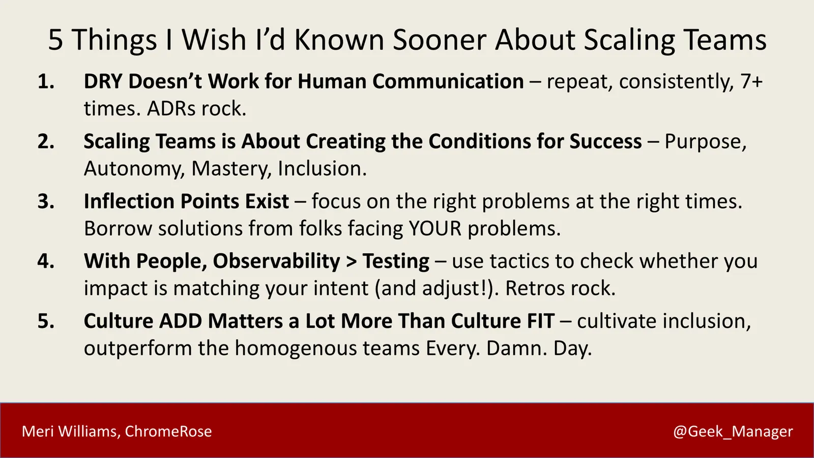 Summary slide: 5 Things I Wish I'd Known Sooner About Scaling Teams, listing Meri Williams' key takeaways